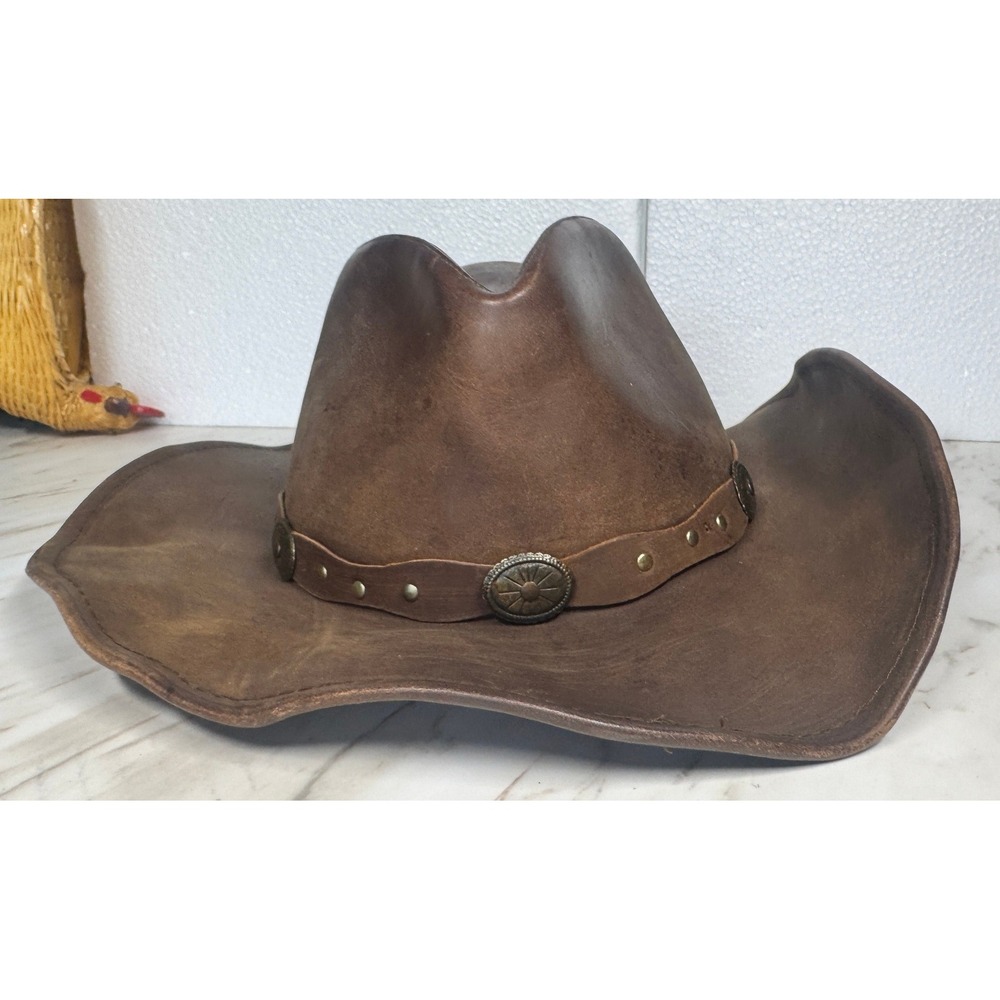 Stetson Brown Leather Cowboy Hat Western Concho Studded Distressed Size S